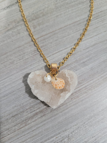 Gold color necklace with stone charm, tiny pearl bead, and real seashell