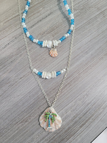 Layered silver plated necklace with real sea shell charm