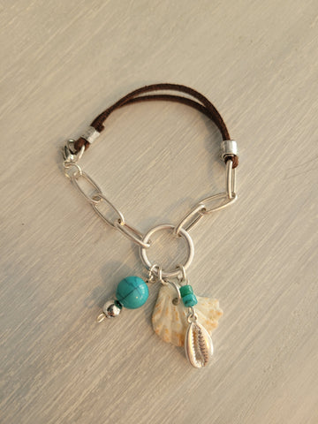 Brown suede and silver color combination charm bracelet