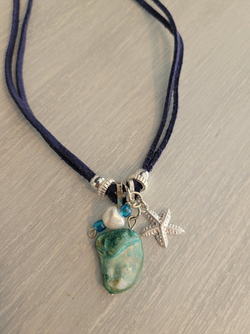 Blue suede, double cord necklace with sea charms