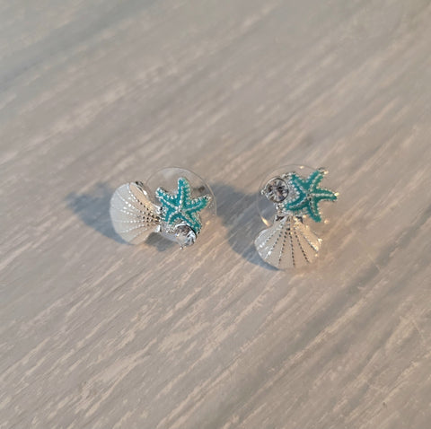 Silver color starfish and sea shell earrings