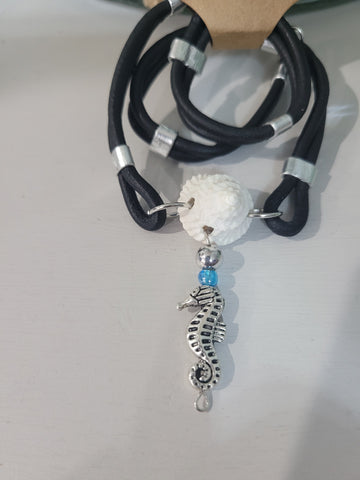 Double black leather cord necklace with seahorse and real seashell charms