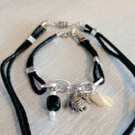 Double black leather bracelet with charms and real seashell