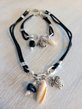 Double black leather cord, handmade necklace with real seashell