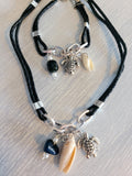 Double black leather cord, handmade necklace with real seashell