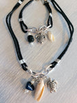 Double black leather bracelet with charms and real seashell
