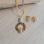10k gold plated necklace and earring set with tiny aqua sea turtle
