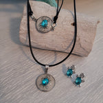 Black, cord necklace, bracelet, and earring set with sea turtle charm.