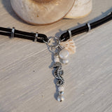 Leather, double cord necklace with real seashell and seahorse